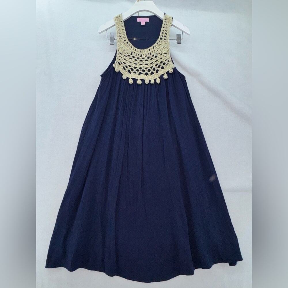 EUC Lilly Pulitzer Rachelle Sleeveless Tank Swing Dress Navy Blue & Gold Small